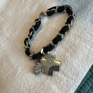 Guess Silver Chain & Black Fabric Woven Bracelet with Cross and 'G' Charms